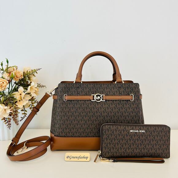 Michael Kors Purse & Wallet Reed Large Logo Belted Satchel Brown MK - Picture 1 of 11